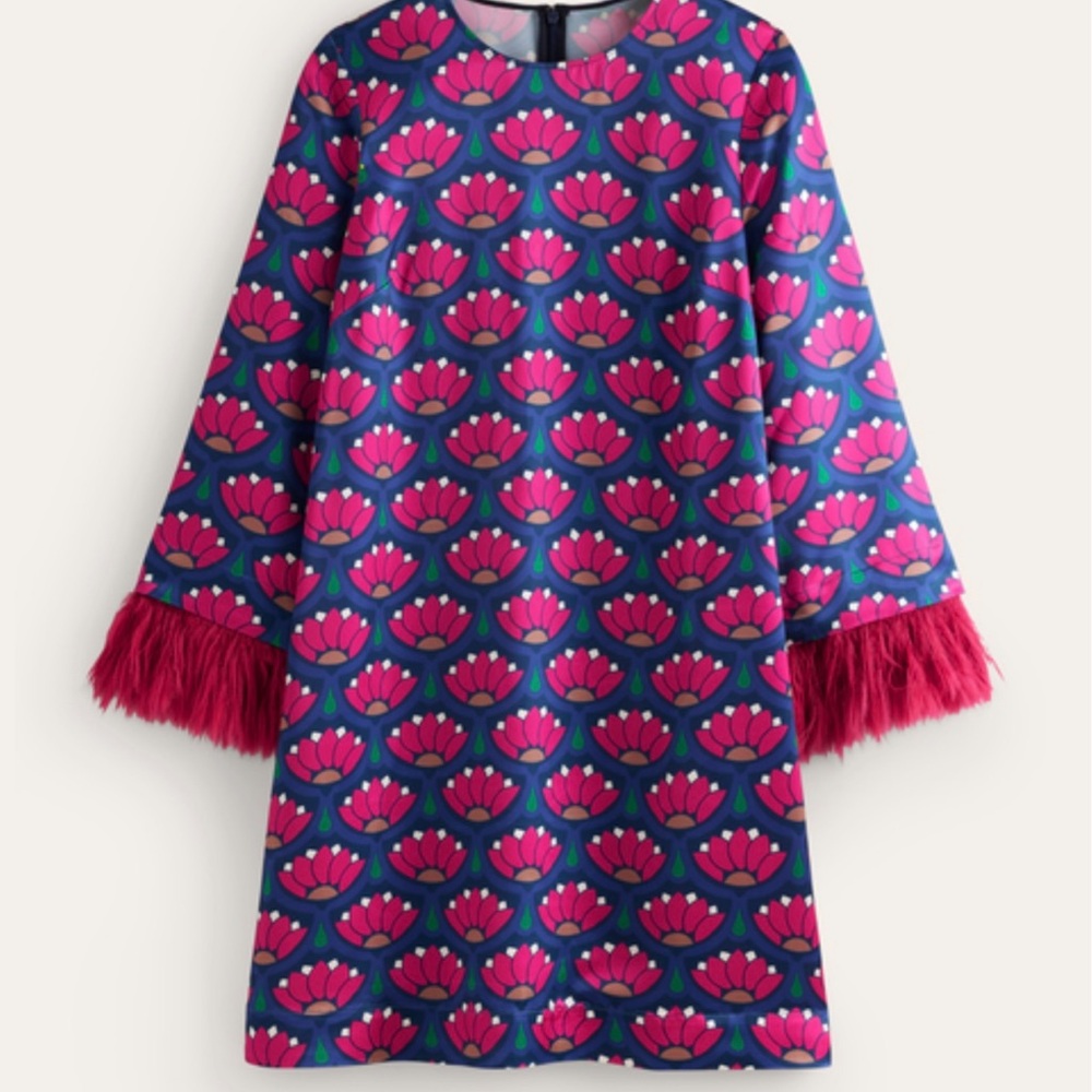 Boden Pink and Blue cocktail dress with feather sleeves